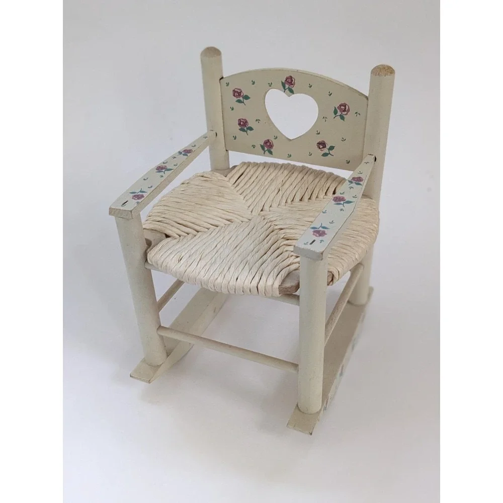 Vintage Miniature Wooden Rocking Chair Heart Cutout Rose Floral Woven Seat 8